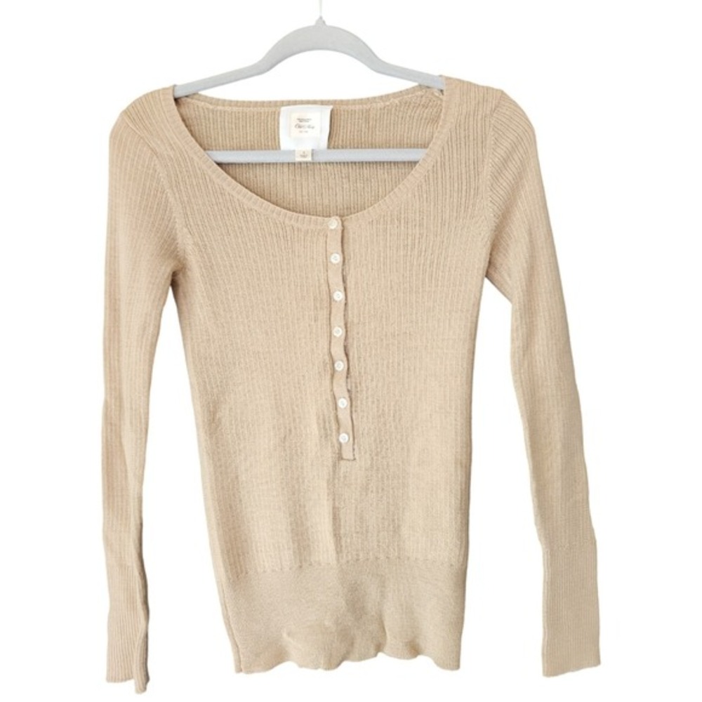 Old Navy Womens Y2K Merino Wool Henley S‎ Sweater Swan core Beige Preppy Fitted